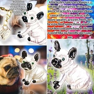 New gold plated green crystal Black-and-white pug necklace/brooch